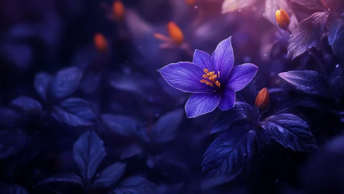 Luminous violet flower glows against deep indigo foliage