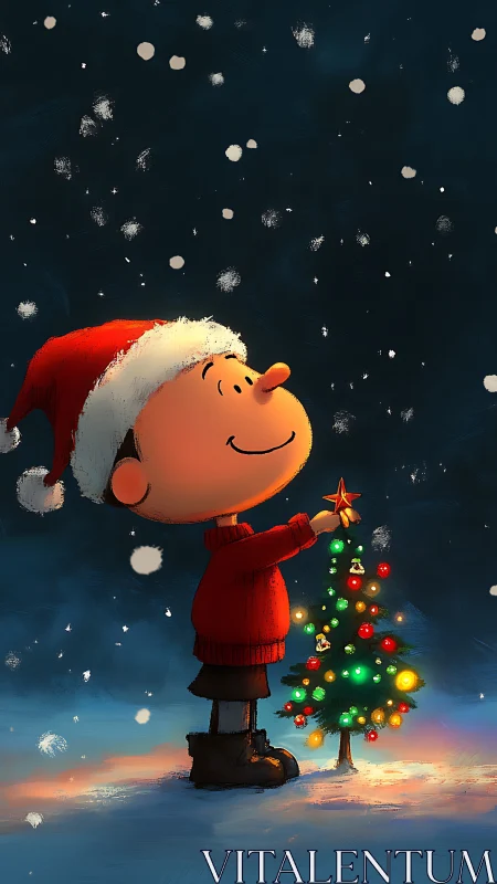 Child character in red sweater decorating small lit tree.