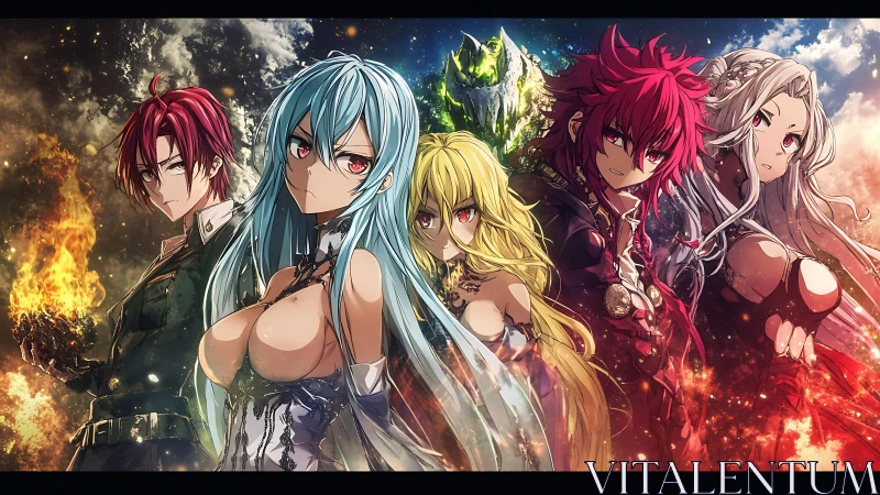 Elemental anime warriors united before erupting celestial rift.