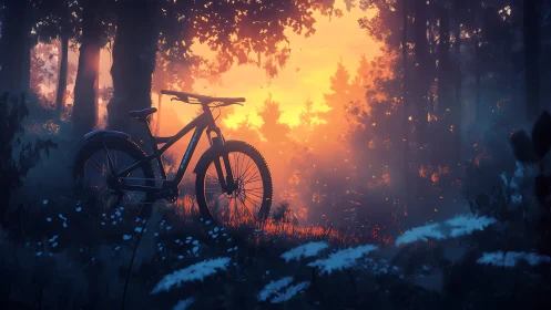 Mountain Bike Silhouette Against Burning Forest Sunset.