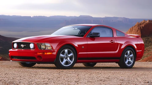 Red coupe car parked on gravel in desert canyon landscape.