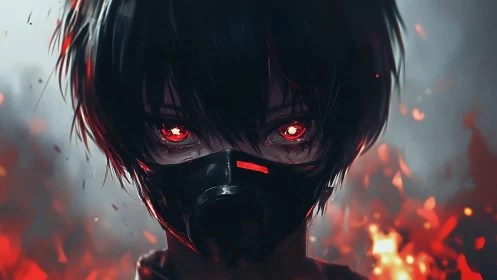 Masked cyber-noir protagonist stares through embers and smoke
