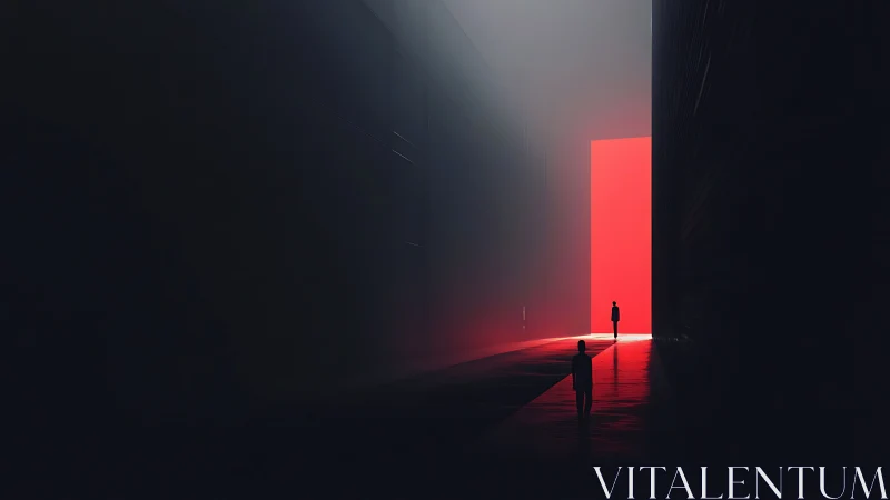 Silhouetted figures move toward a vast glowing red portal