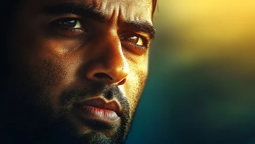 Intense male portrait under golden directional light.