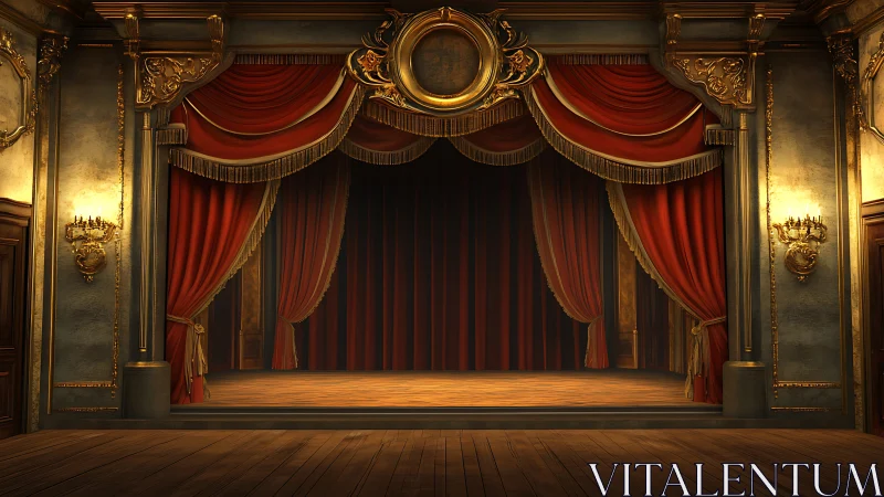 Ornate proscenium stage with red curtains and wood floor.
