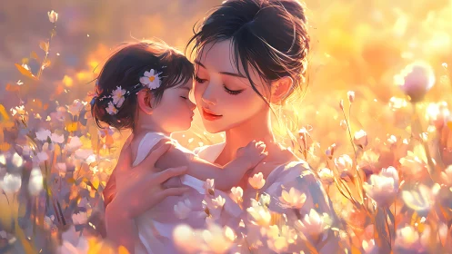 Mother and Child in Sunlit Flower Field.