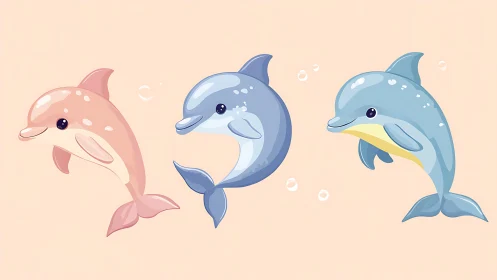 Joyful cartoon dolphins swim together in soft pastel colors