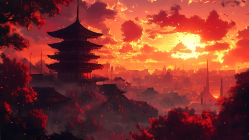 Fiery sunset bathes a futuristic Japanese city in crimson light