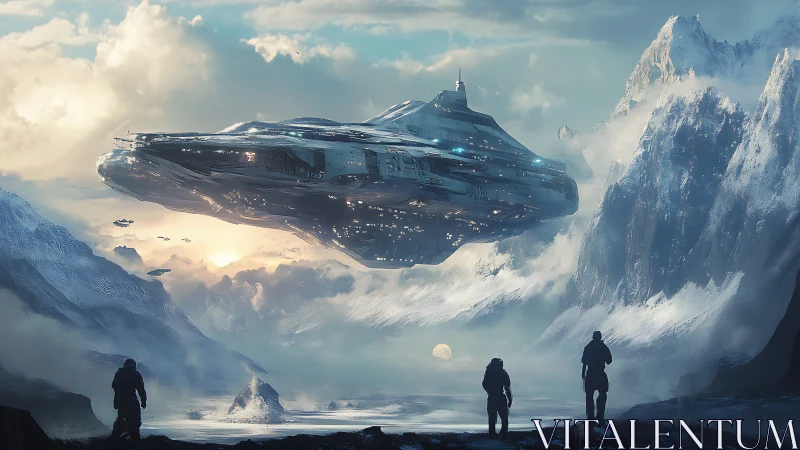 Colossal starship hovers above icy mountain expedition