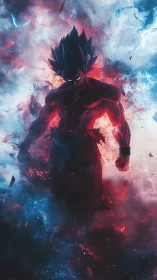 Cosmic warrior glows in swirling red and blue energy.