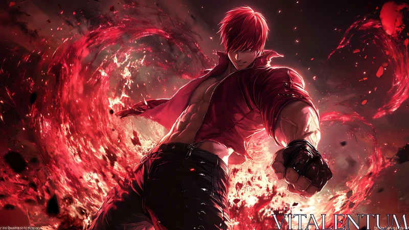 Energetic anime fighter channels swirling red plasma vortex field