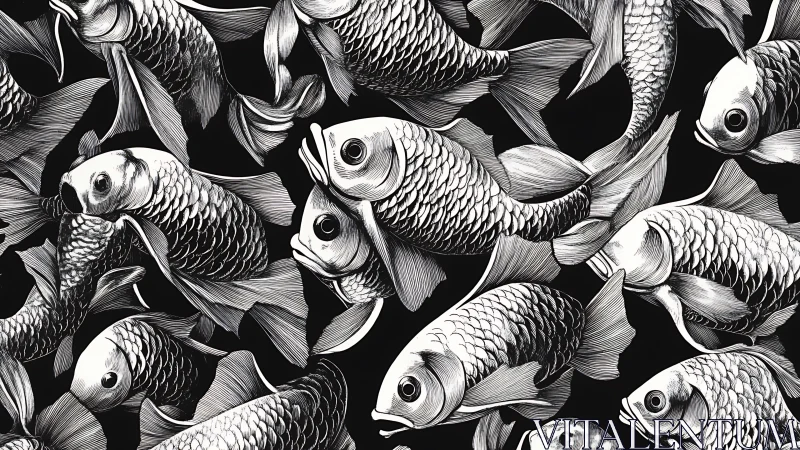 Monochrome koi parade swirling in densely layered currents.