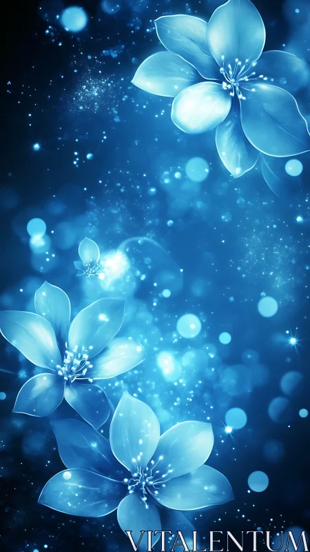 Luminescent blue flowers with glowing particles in deep space