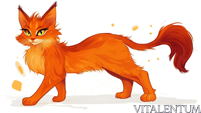 Stylized long-bodied orange cat with expressive yellow eyes