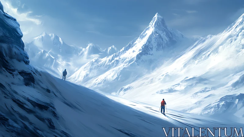 Twin skiers tracing blue silence across colossal peaks.