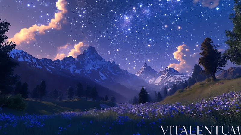 Mountain valley under star field with twilight cloud bands.