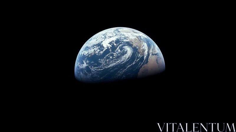 Half-lit Earth rising in deep black cosmic void.