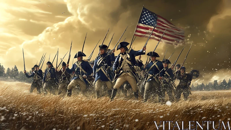 Revolutionary War soldiers advancing with US flag in storm