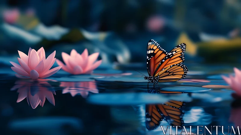 Gentle monarch butterfly pauses by soft pink water lilies