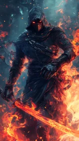 Fiery hooded warrior strides through flames with molten blade