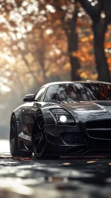 Midnight black supercar resting beneath glowing autumn trees.