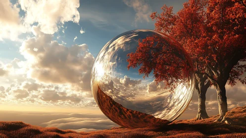 Reflective sphere mirrors autumn trees and surreal sky.