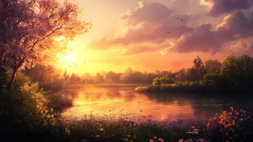 Golden sunset lake with blooming spring trees and flowers.