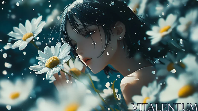 Digital painting portrait amid drifting petals and daisies.