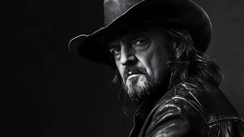 High-contrast monochrome portrait isolates rugged cowboy in profile