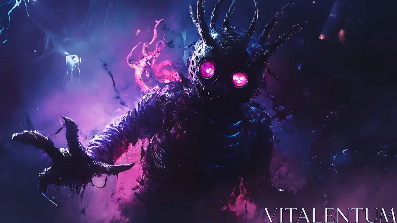 Grotesque humanoid creature reaches forward in neon fog