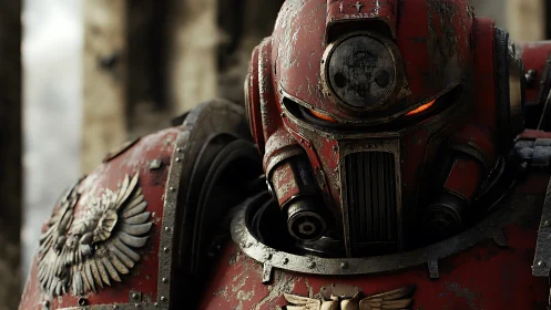 Battle-scarred red power armor mech in cinematic 3D close-up.