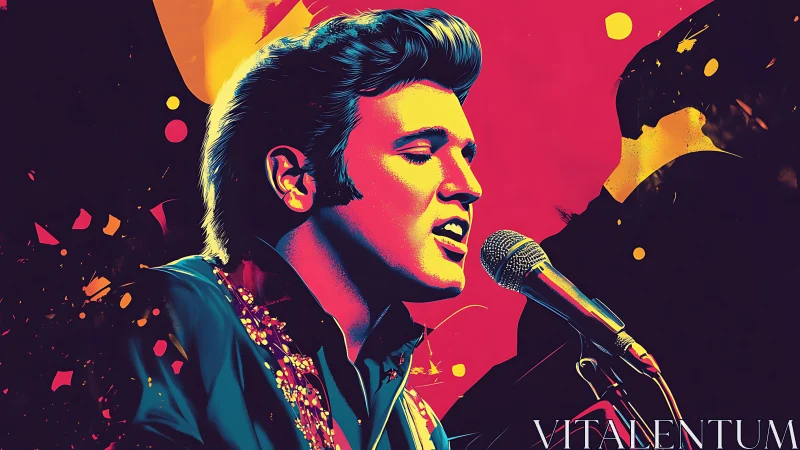 Retro crooner in neon palette performing at microphone stand.