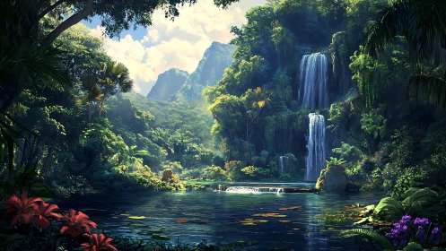 Lush jungle waterfall oasis bathed in soft golden light.