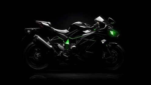 Photorealistic sport motorcycle in low-key lateral lighting study.