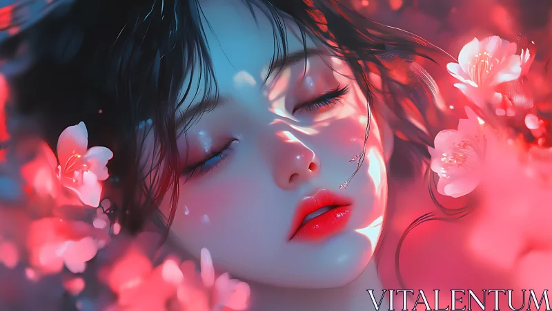 Digital painting portrait with floral bokeh and luminous shadows.
