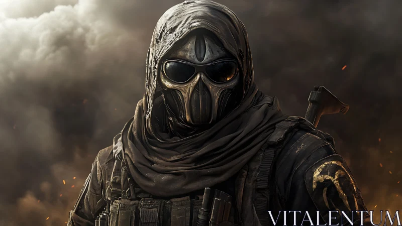 Masked tactical soldier stands in smoke-filled battlefield