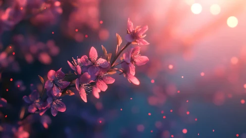 Pink blossoms with bokeh light particles in gradient background.