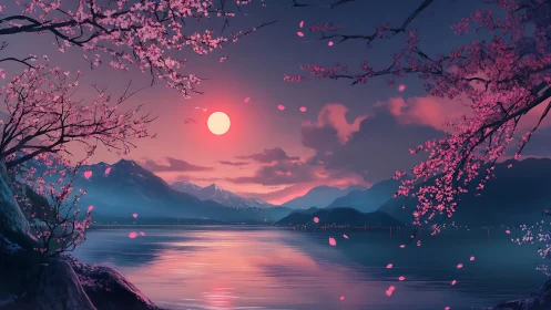 Cherry blossom lake at sunset under soft pink moonlight.