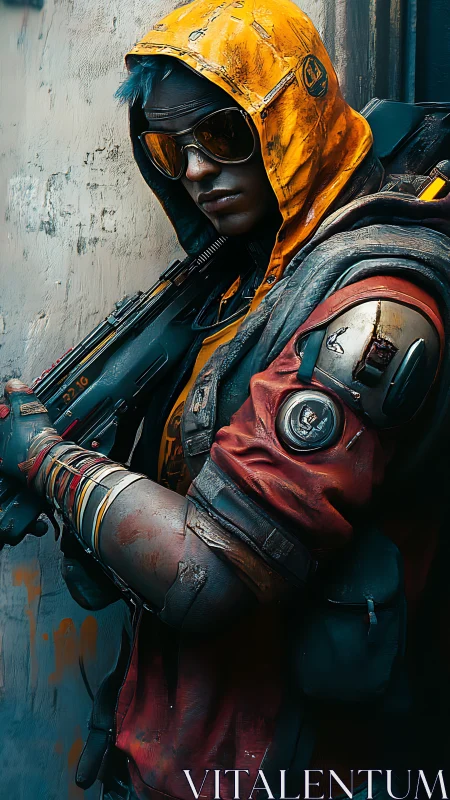 Cyberpunk scout with tactical rifle and weathered yellow hood