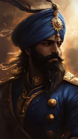 Regal warrior in blue turban gazes ahead with fierce calm