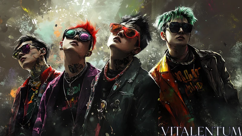 Neon punk band poses under gritty splatter-lit background