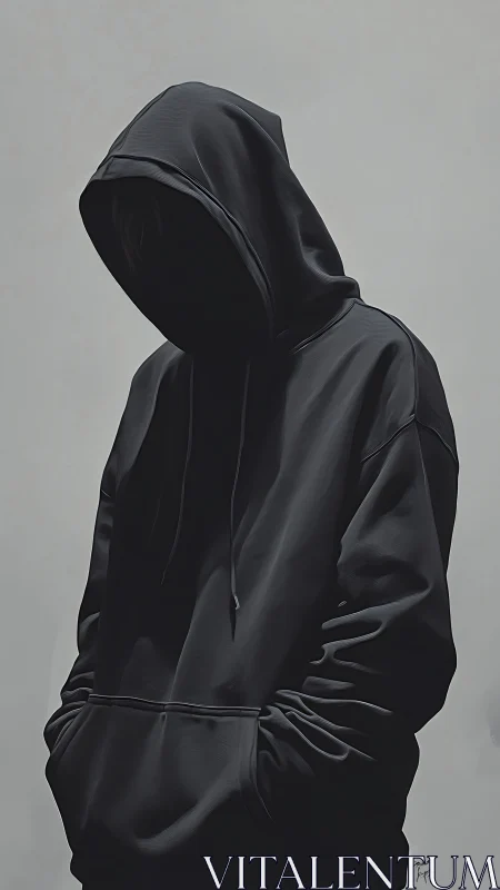 Hooded figure stands in shadow against flat gray background