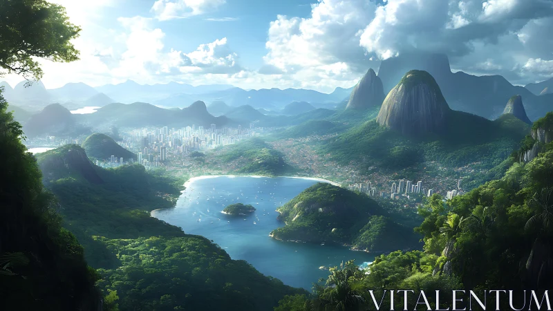 Emerald mountains cradle a sunlit bay where city lights dream