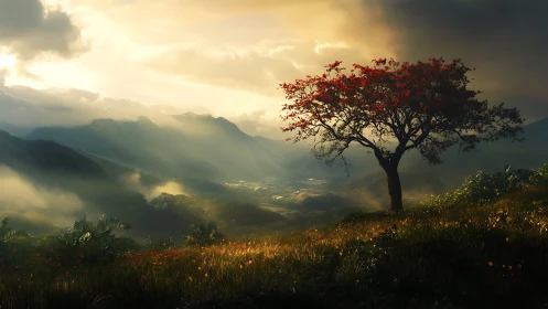 Digital painting landscape with lone flowering tree at dusk.