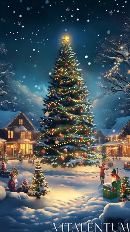 Snow covered village square with illuminated Christmas tree.