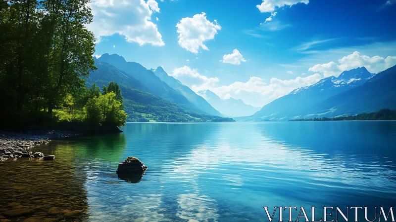 Mountain lake reflects blue sky between forested shores