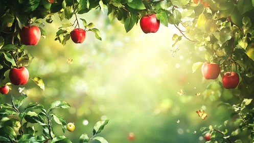 Radiant orchard canopy with sunlit apples and drifting lepidoptera.