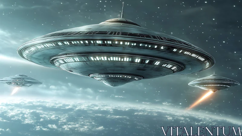 Large disc-shaped spacecraft above planet with exhaust trails.