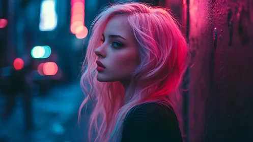 Neon lit portrait of woman in urban night alley setting.