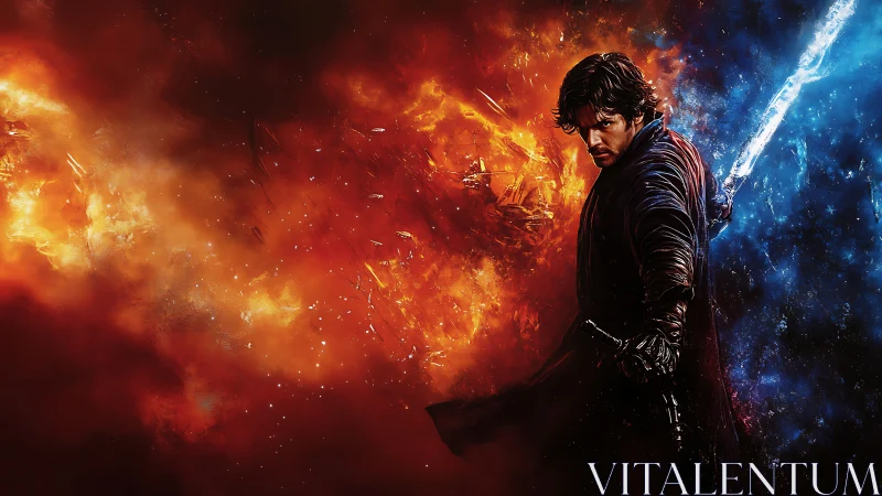 Male warrior with glowing sword amid fire and ice field.